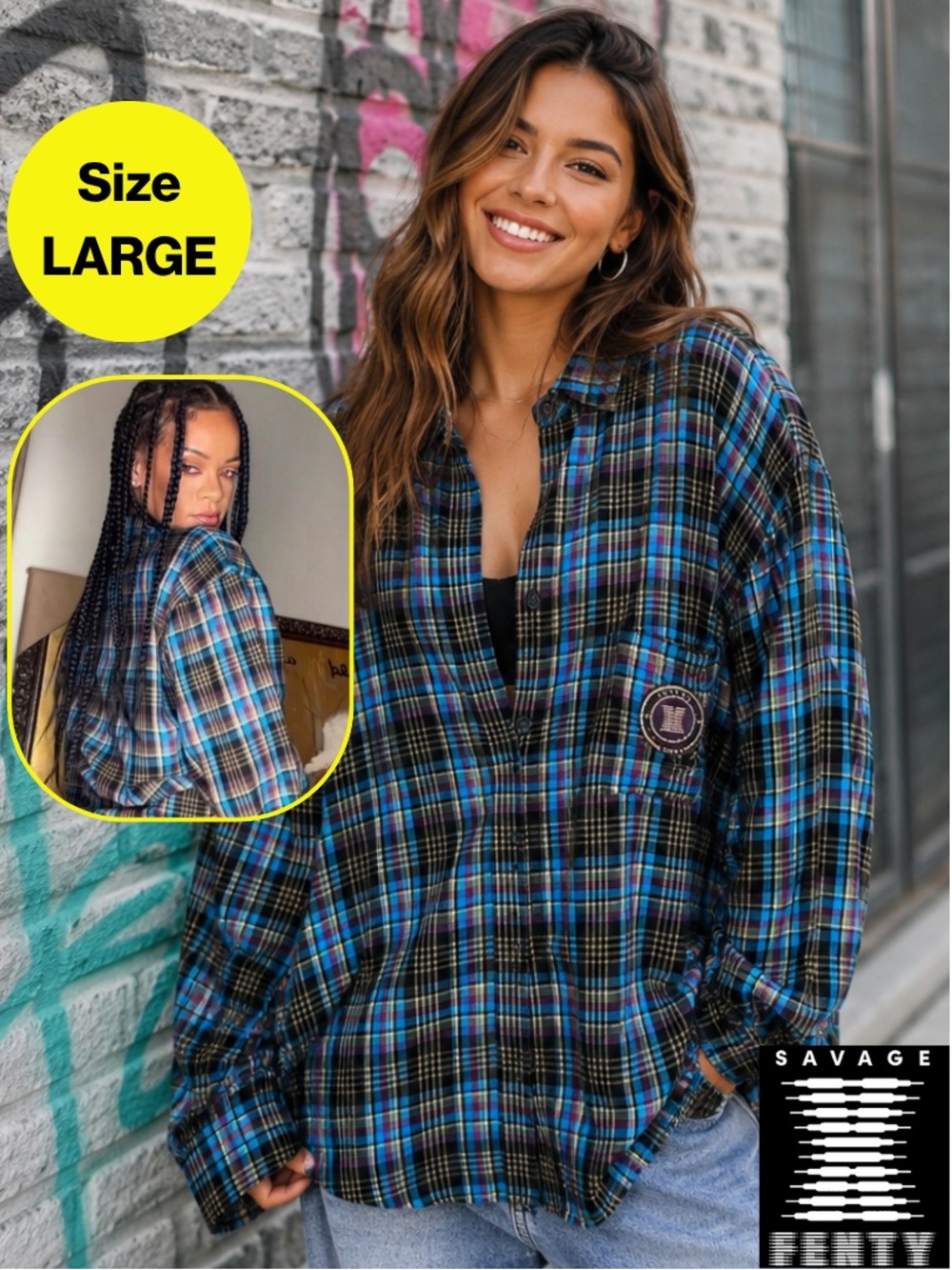 SAVAGE x FENTY 💙 Blue & Brown Plaid Men's Shirt (Women’s Medium/Large)
